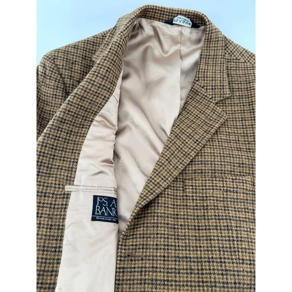 Jos A Bank 100% Camel Hair Sport Coat 44XL Houndstooth‎ Tan Navy Blazer 3-Button